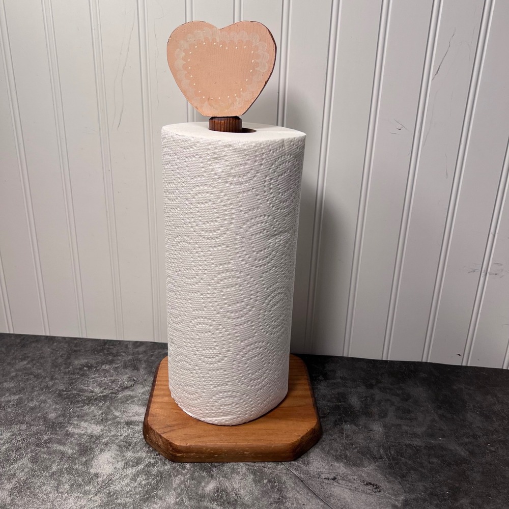 Vintage Handmade Hand Painted Paper Towel Holder Pink Heart | Cottage Grandma
